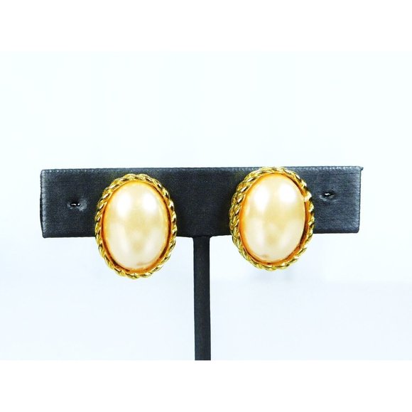 Oval Faux Pearl Pierced Earrings Braided Rope Frame Push Back Closure - Picture 1 of 6